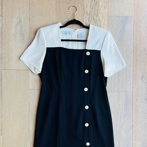 Liz Claiborne CLASSIC Midi Dress 12 Petite Black Ivory Button Accents Vintage